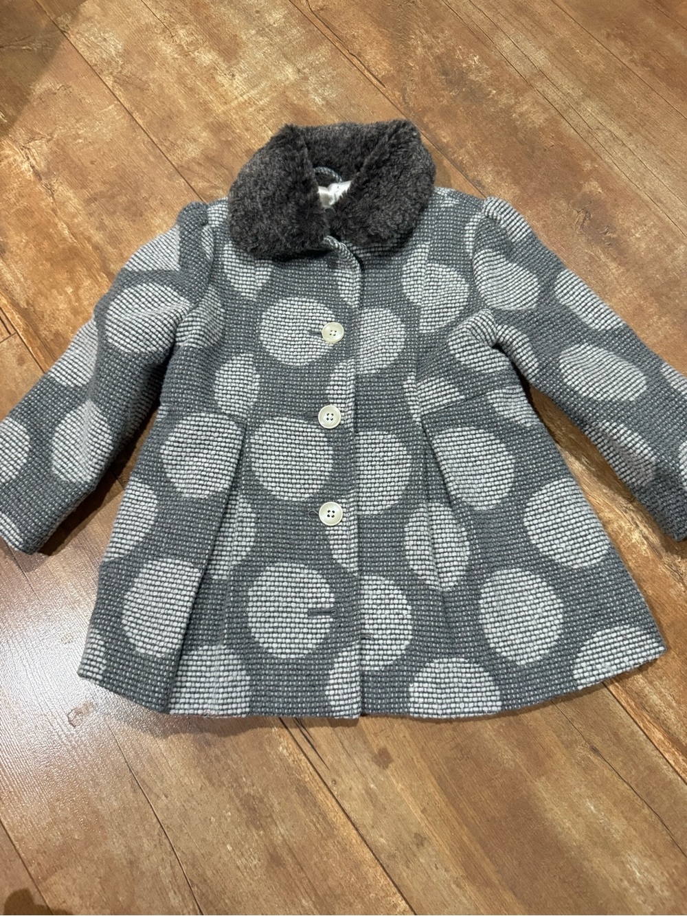Cherokee Gray and Light Gray Polka Dot Pea Coat with Faux Fur Collar